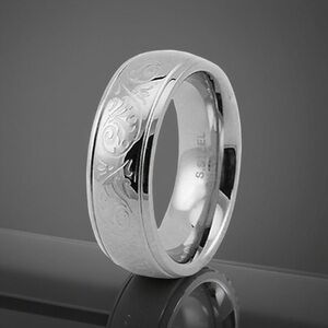 Floral Laser Engraved Stainless Steel Fashion Ring Size 7ยฝ Comfort Band